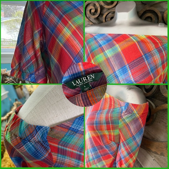 Ralph Lauren 90s y2k Plaid Off Shoulder Blouse Colorful Checkered Preppy - Picture 14 of 16
